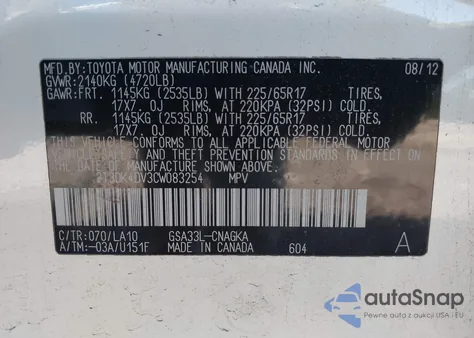 2012 Toyota Rav4 Limited V6 из США, поврежденный, VIN 2T3DK4DV3CW083254